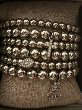 Silver Plated Beaded Stretch Bracelet Set with Cross, Eye & Hamsa Charms - Used